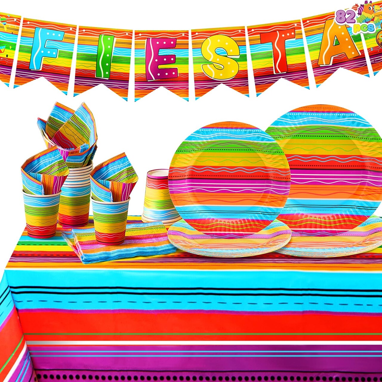 82 PCS Mexican Themed Fiesta Party Supplies Set Including Plates Cups Napkins Tablecloth and Banner for Cinco de Mayo, Mexican-Themed School Dance, Fiesta Themed Party